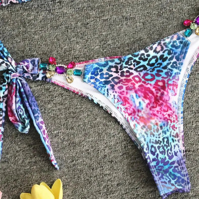 Splicing Jewelled Diamond Bikini Women Halter Swimsuit female Thong Swimwear Two Pieces Bikini Set Hollow out Bathing Suit Swim