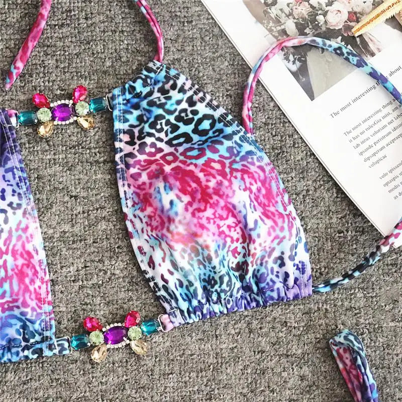 Leopard Diamond Bikini 2026 Women Hollow out Swimsuit Female Swimwear Two Pieces Bikini Set Halter Bather Bathing Suit Swim Lady