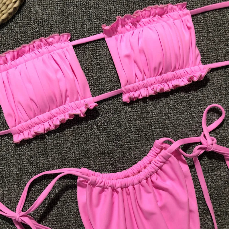 Tie Dye Pleated Ruffled Bikinis Bandeau Bikini Women Swimsuit Female Swimwear Two-pieces Bikini Set Hollow Out Bathing Suit Swim