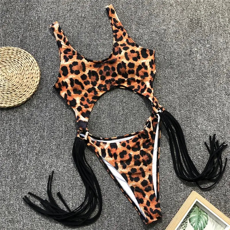 Splicing High Cut Out One Piece Swimsuit Women Tassel Swimwear Female Sexy Bathing Suit String Leopard Bikini 2025 Monokini Lady
