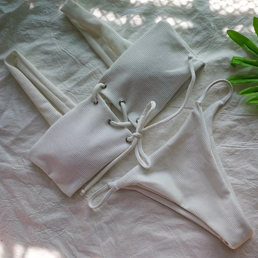 2025 Micro Bikinis Ribbed Bikini Set Women Sexy Swimsuit Mujer Bandeau Bikinis Lace Up Stylish Bathing Suit Wide Straps Swimwear