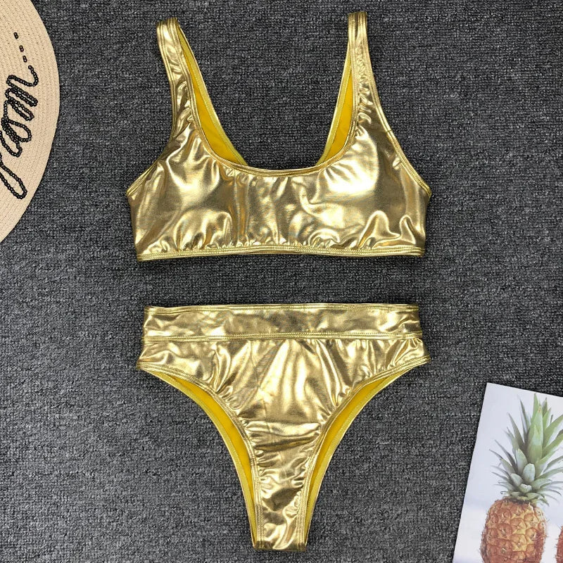 Sexy Shiny PU Leather Bikini Women 2025 Bikinis Bling Swimwear One Piece Swimsuit Female Monokini Bather Bathing Suit Swim Lady