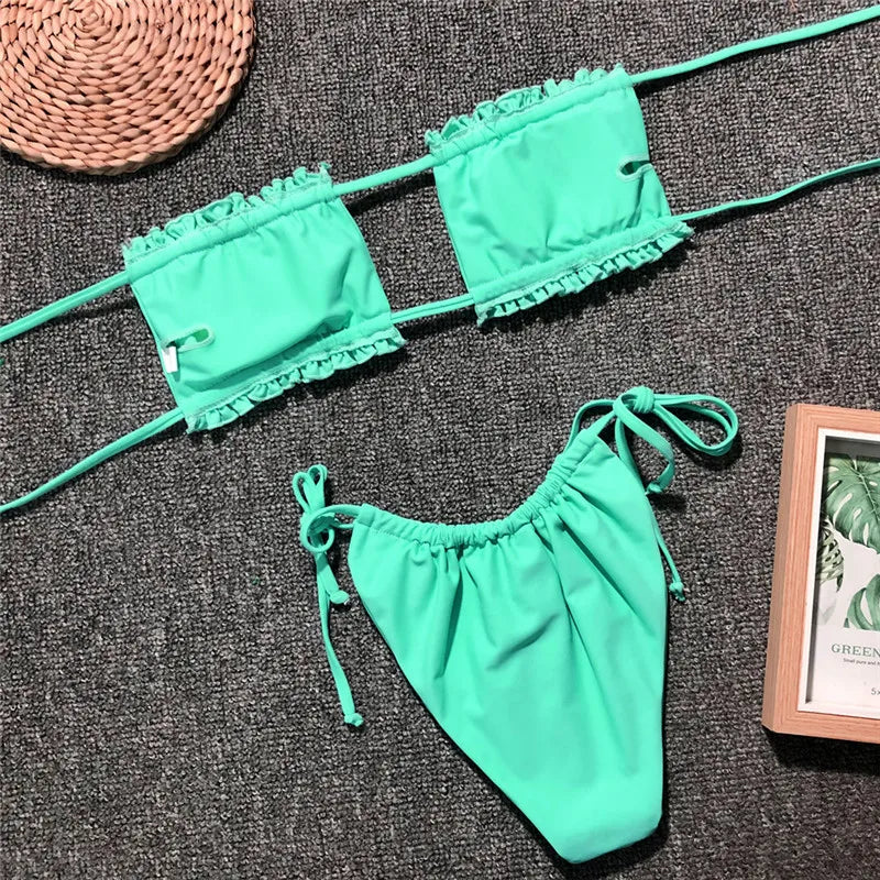 Tie Dye Pleated Ruffled Bikinis Bandeau Bikini Women Swimsuit Female Swimwear Two-pieces Bikini Set Hollow Out Bathing Suit Swim