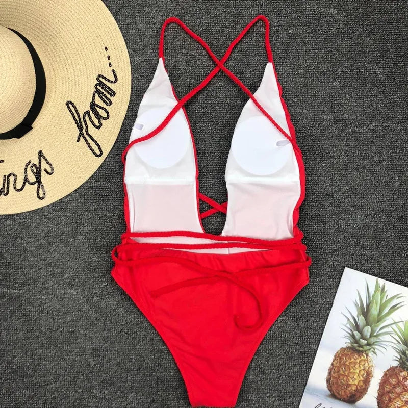 New 2025 Sexy Deep V Neck Wrap Around Female Swimwear One Piece Swimsuit Women Backless Monokini High Cut Bathing Suit Swim Lady