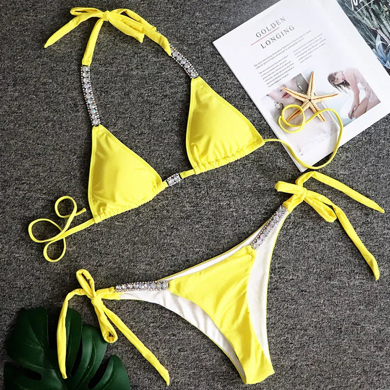 Sexy Halter Crystal Diamond Bikini 2025 Women Swimsuit Female Swimwear Two-pieces Bikini set Rhinestone Bather Bathing Suit Swim