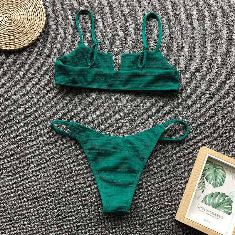 Ribbed Polka Dot Bikinis V-Bar Underwired Bikini Women Swimwear Female Swimsuit Two Pieces Bikini Set High Cut Bathing Suit Swim
