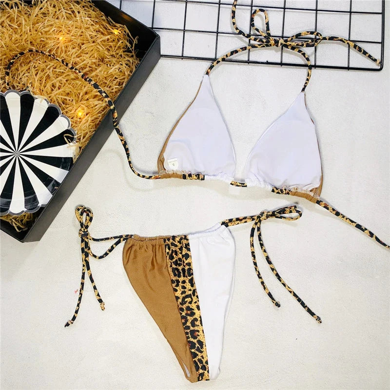 Zebra Print Halter micro Bikini 2025 women Bandeau String Swimsuit Female swimwear Neon Shiny bikini set Leopard Bathing Suit