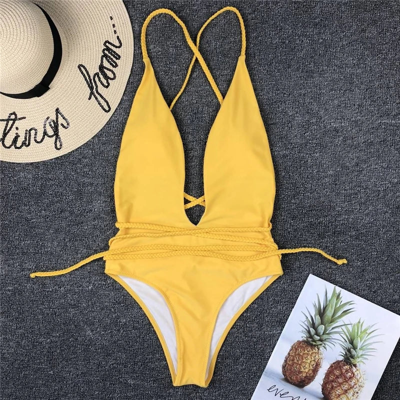 New 2025 Sexy Deep V Neck Wrap Around Female Swimwear One Piece Swimsuit Women Backless Monokini High Cut Bathing Suit Swim Lady