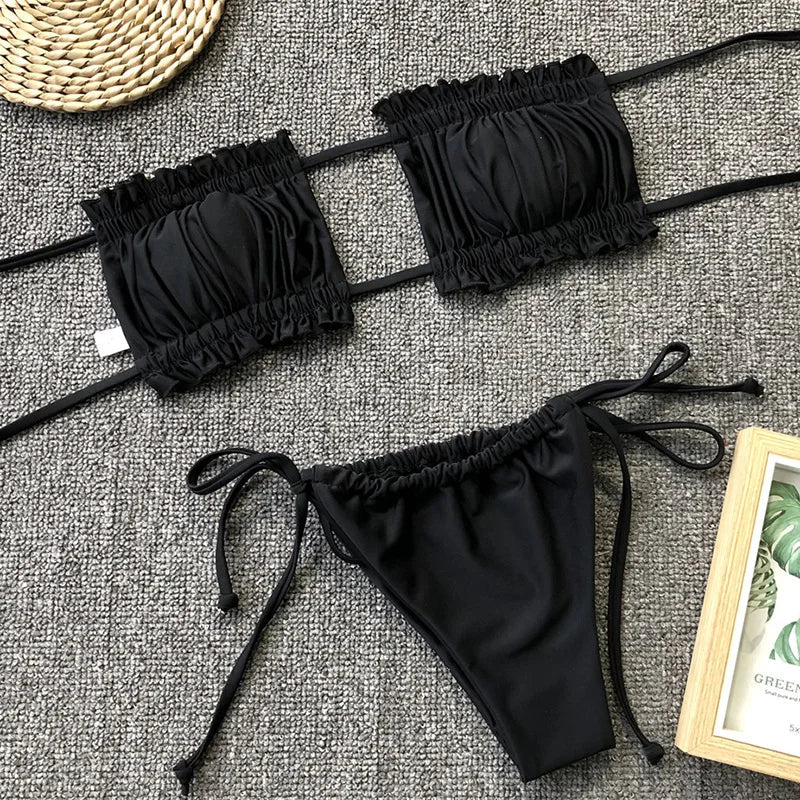 Tie Dye Pleated Ruffled Bikinis Bandeau Bikini Women Swimsuit Female Swimwear Two-pieces Bikini Set Hollow Out Bathing Suit Swim