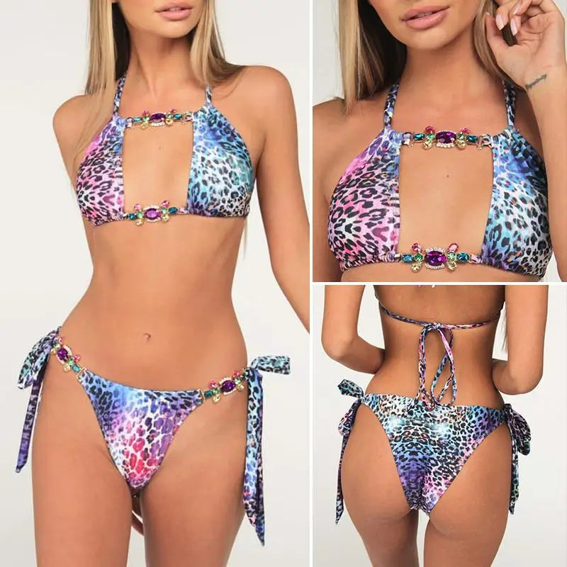 Splicing Jewelled Diamond Bikini Women Halter Swimsuit female Thong Swimwear Two Pieces Bikini Set Hollow out Bathing Suit Swim