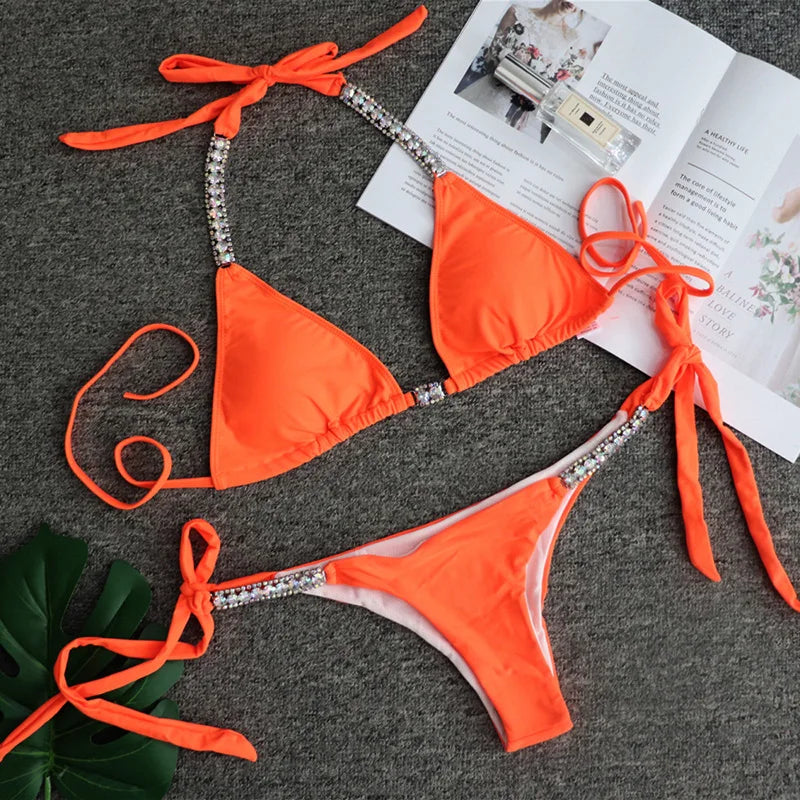 Sexy Halter Crystal Diamond Bikini 2025 Women Swimsuit Female Swimwear Two-pieces Bikini set Rhinestone Bather Bathing Suit Swim