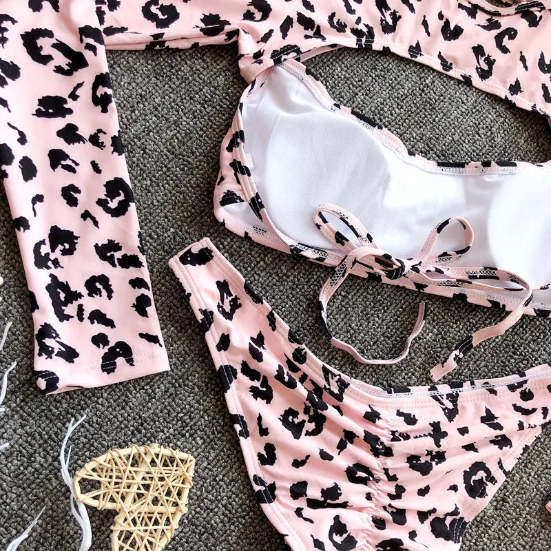 2025 Long Sleeve Neon Green Leopard Bikini Women Swimsuit Bikini Set Sexy Swimwear Female Brazilian Bathing Suit Swim Beach Wear