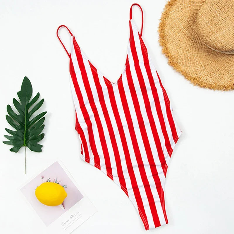 2025 Sexy Backless Striped Women Swimwear One Piece Swimsuit Female monokini High cut Trikini V Neck Bathing Suit Swim Bodysuit
