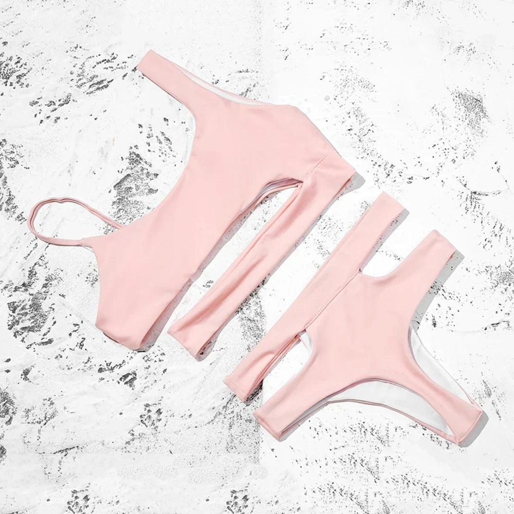ZTVitality Solid Sexy Bikinis High Waist Bikini 2021 Hot Sale Asymmetry Straps Hollow Out Swimsuit Female Swimwear Women Biquini
