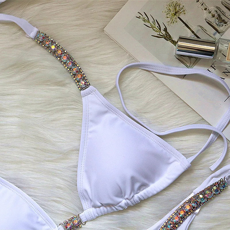 Sexy Halter Crystal Diamond Bikini 2025 Women Swimsuit Female Swimwear Two-pieces Bikini set Rhinestone Bather Bathing Suit Swim