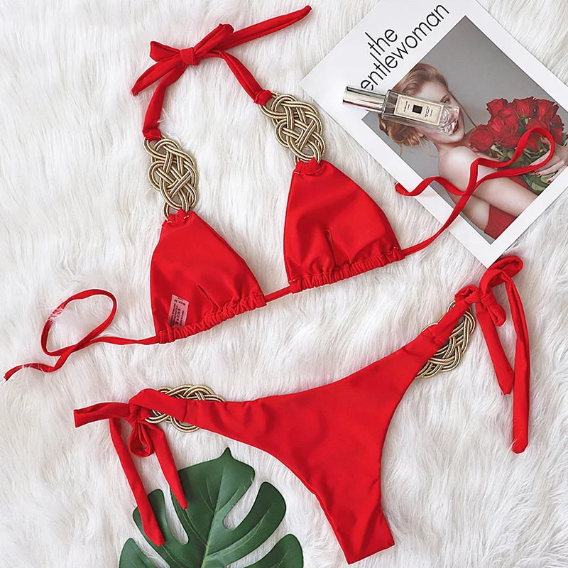 New Patchwork Halter Knitted Bikini Women Swimwear Female Swimsuit Two-pieces Bikini set Brazilian Bather Bathing Suit Swim Lady