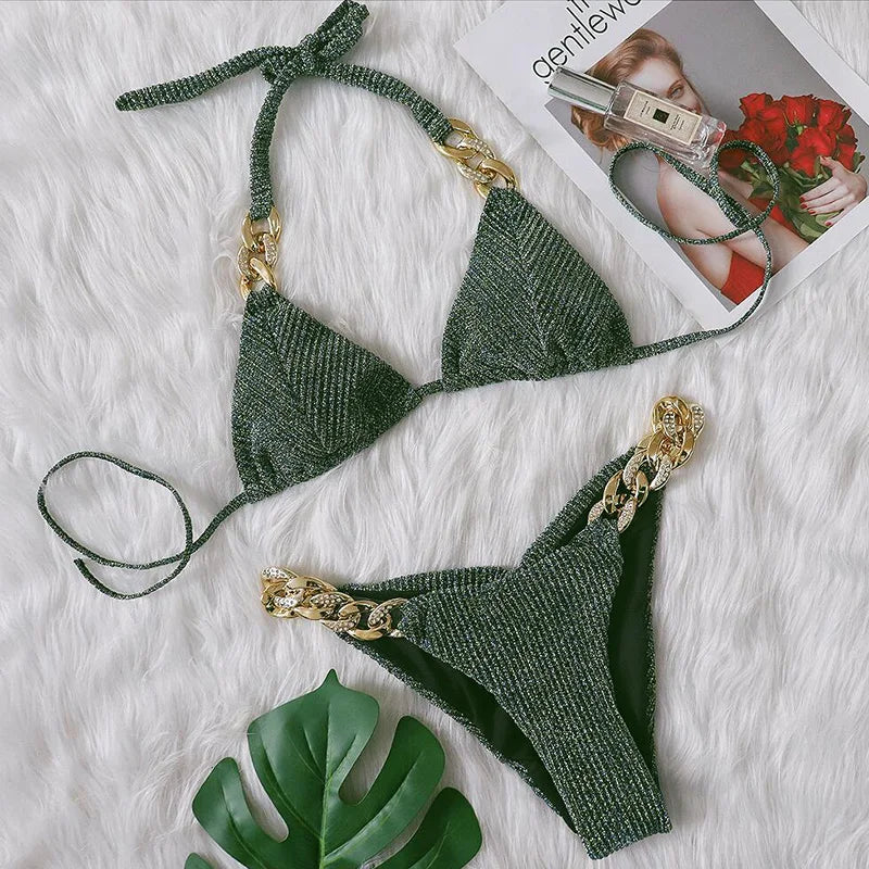 Halter Chains Rhinestone Diamond Bikini Women Swimsuit Female Ribbed Swimwear Two Pieces Bikini set Brazilian Bathing Suit Swim