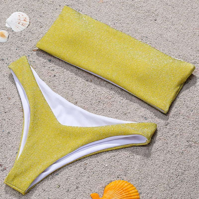 2025 Shiny Sparkling High Waist Bikini Women Bandeau Swimsuit Female Swimwear Two Pieces Bikini set High cut Bathing Suit Swim