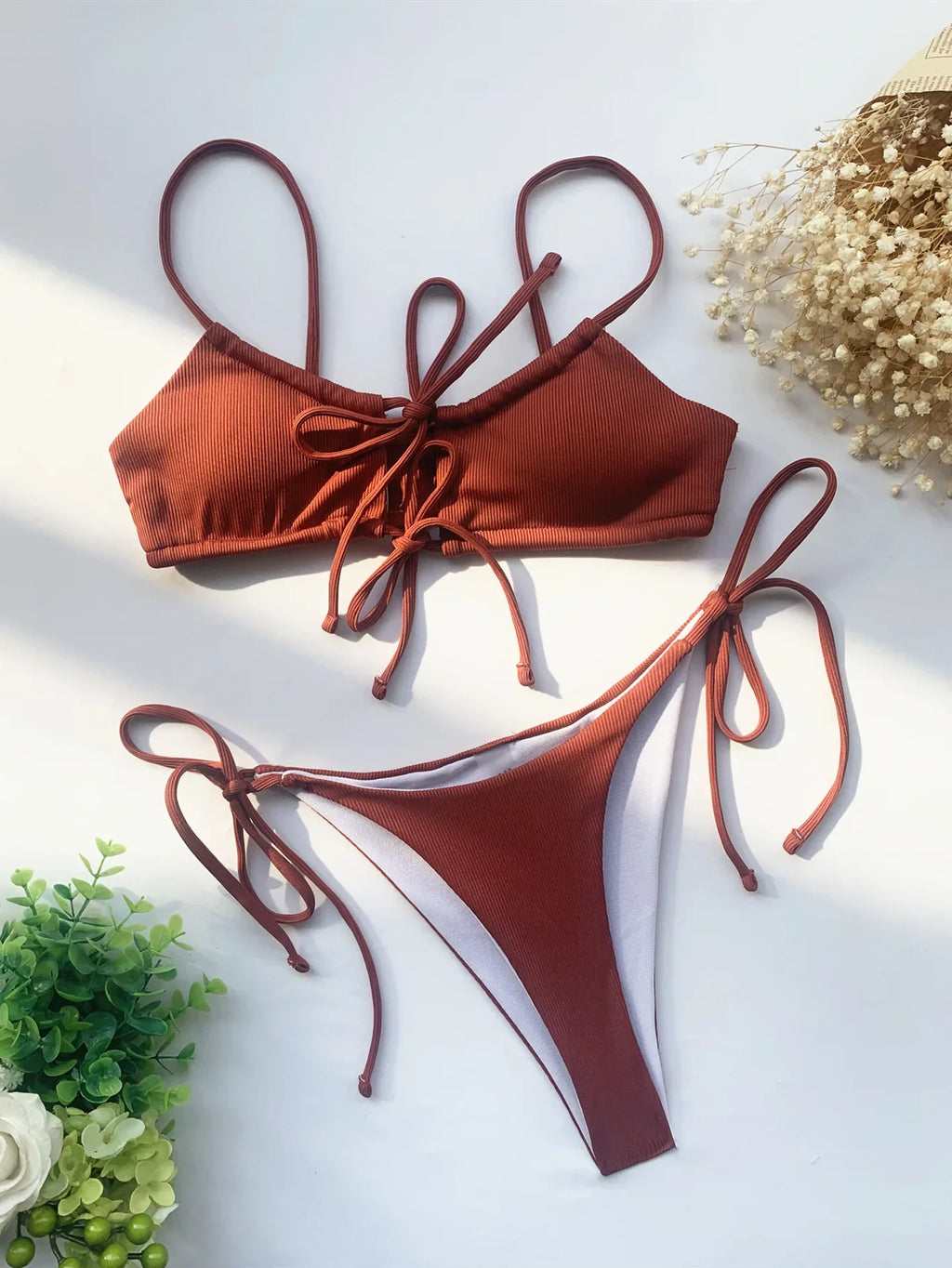 sexy solid ribbed bow tie bikinis sets two pieces hollow thong swimsuit bathing suit swimwear biquini bakini tankini