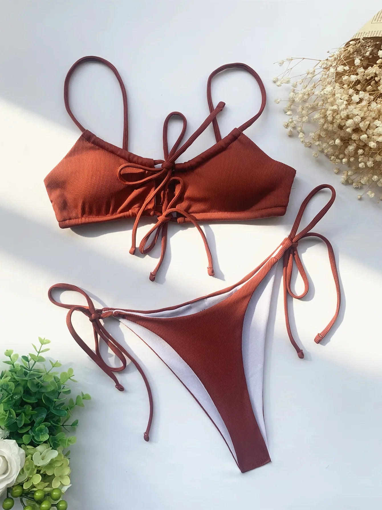 sexy solid ribbed bow tie bikinis sets two pieces hollow thong swimsuit bathing suit swimwear biquini bakini tankini