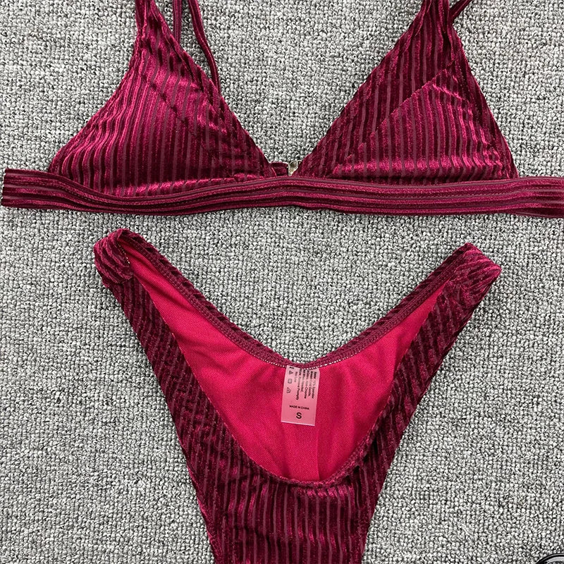 Ribbed Metallic Velvet Bikini Women Swimsuit Female Thong Swimwear Two Pieces Bikini Set High Cut Bathing Suit Swim Beachwear