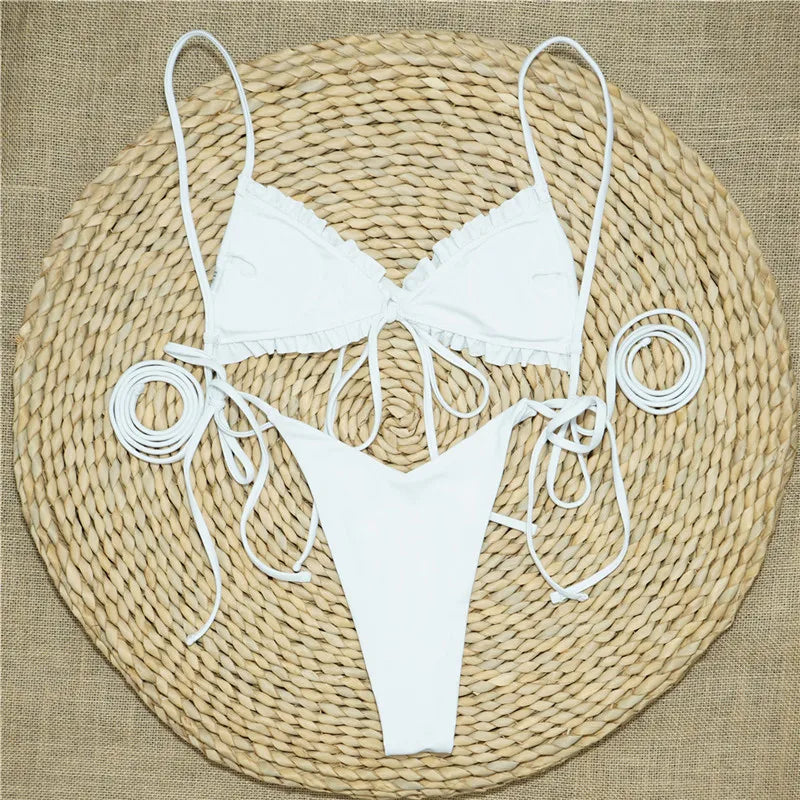 Sexy Printed Ruffled Frilled Thong Bikini Women Swimwear Female Swimsuit Two Pieces Bikini set Micro String Bathing Suit Swim