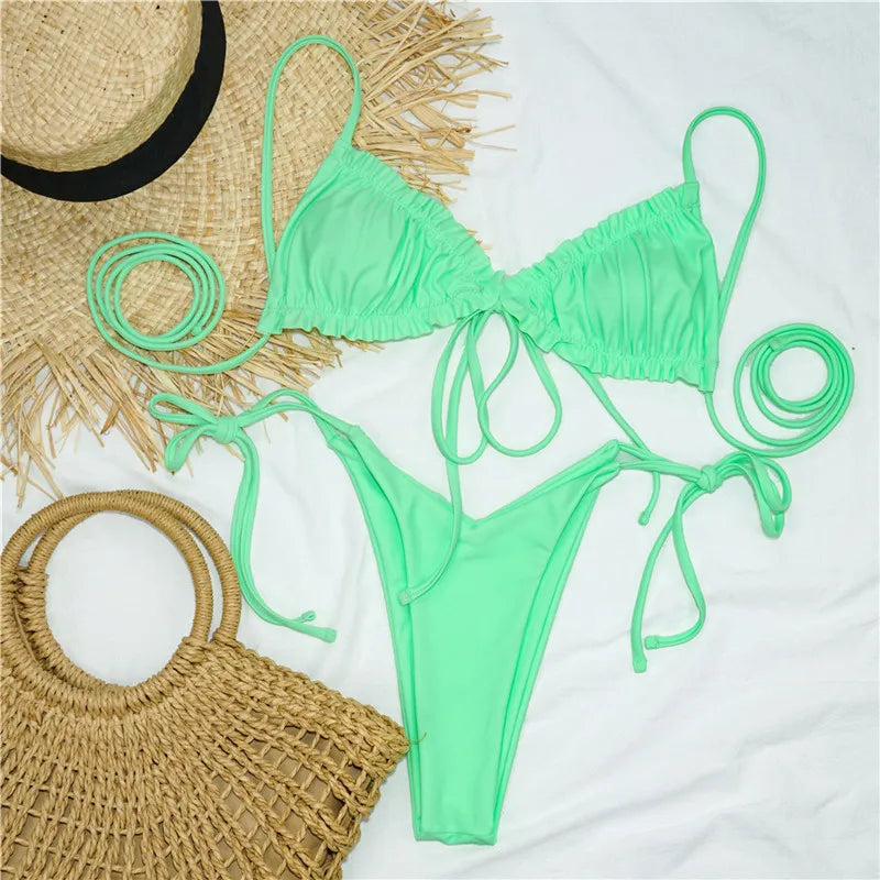 Sexy Printed Ruffled Frilled Thong Bikini Women Swimwear Female Swimsuit Two Pieces Bikini set Micro String Bathing Suit Swim