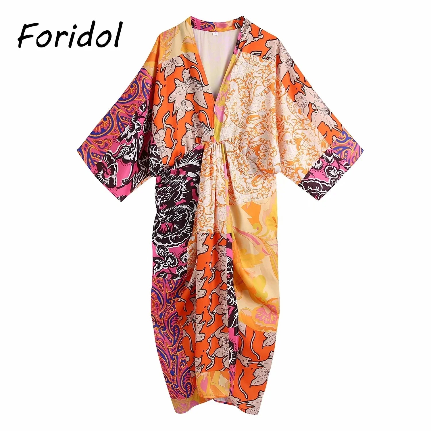 Foridol Paisley Print Batwing Sleeve Kimono Maxi Long Dress Floral Print Half Sleeve Boho Autumn Dress Orange Belt Slit Dress