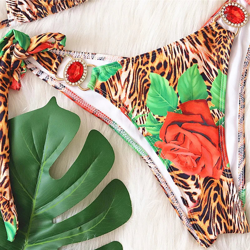 Sexy Leopard Crystal Diamond Bikini 2025 Women Swimsuit Female Halter Swimwear Two Pieces Bikini set Brazilian Bathing Suit Swim