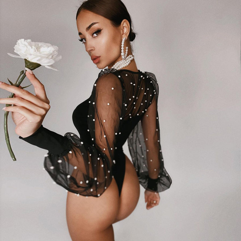 Women Pearl Mesh Puff Sleeve Bodysuit 2024 Fashion Long Sleeve Vintage Body Top Summer Fall Elegant Sexy Blouse Shirts Female