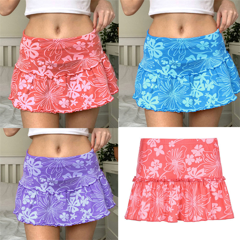 Women's Summer Ruffles A-Line Mini Skirt Y2K Style High Waist Floral Print Frill Trim Above Knee Short Skirt Blue/Pink/Purple