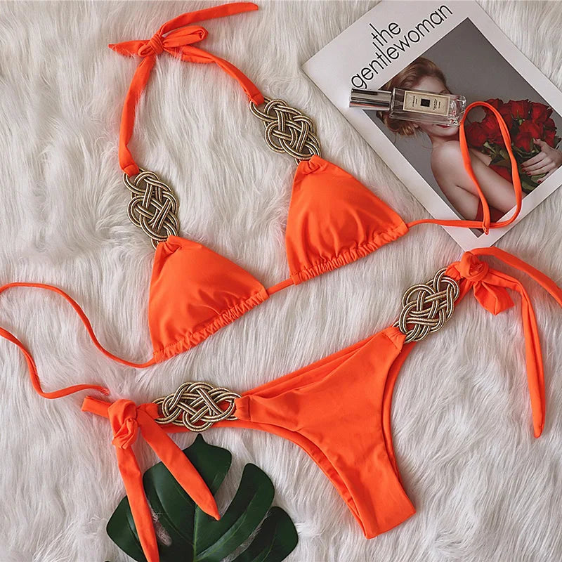 New Patchwork Halter Knitted Bikini Women Swimwear Female Swimsuit Two-pieces Bikini set Brazilian Bather Bathing Suit Swim Lady