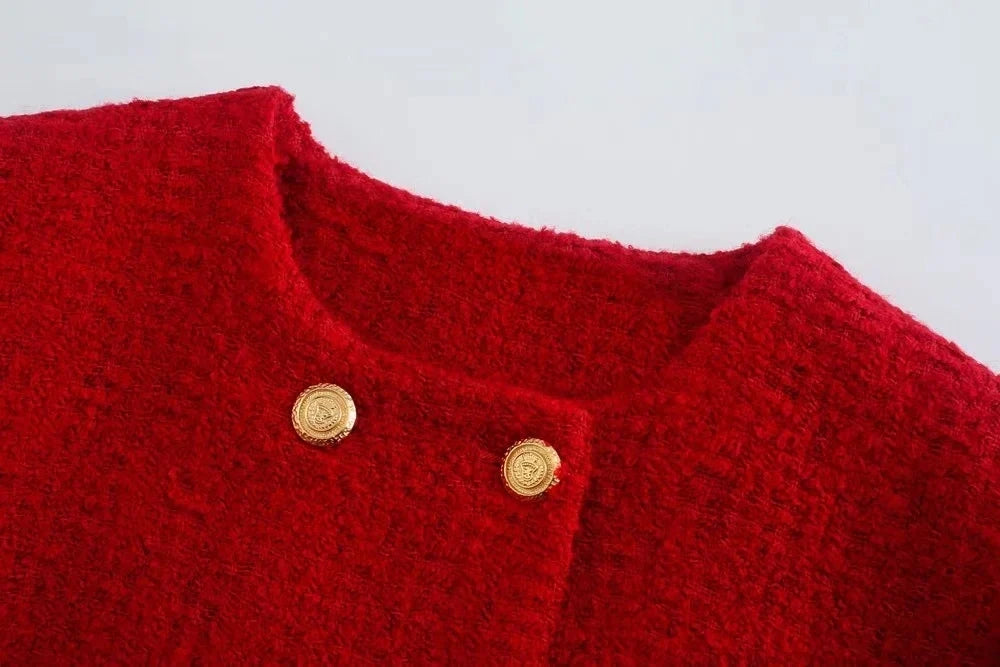 Foridol Double Breasted O Neck Short Blazer Skirt Sets Two Pieces Office Ladies Red Winter Thick Cozy Suits Elegant Blazer Top