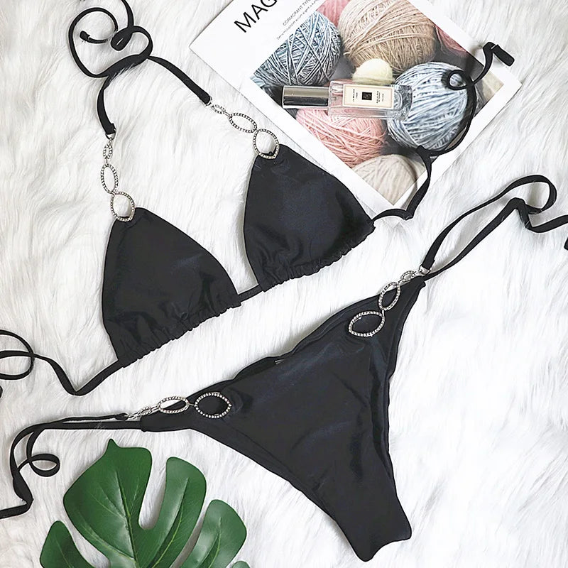 Sexy Halter Diamond Bikini Women Swimsuit Female Metal Chains Swimwear Two Pieces Bikini set Brazilian Bather Bathing Suit Swim