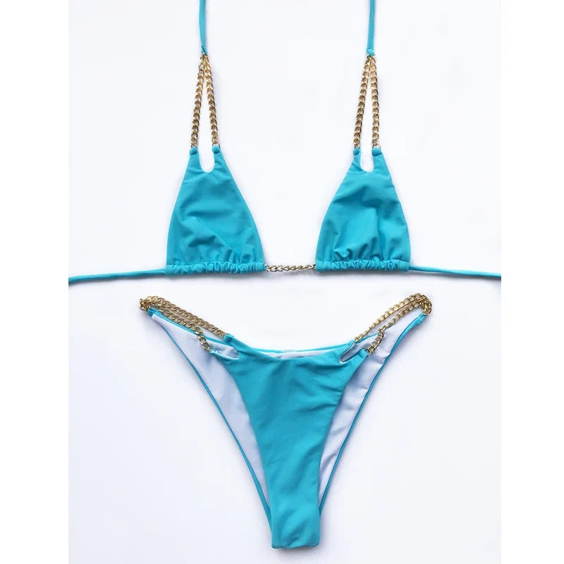 Sexy Halter Metal Chains Brazilian Bikini 2025 Women Swimsuit Female Swimwear Two Pieces Bikini Set Bathing Suit Swim Beach Wear