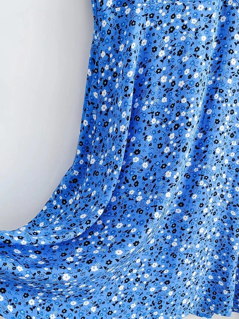Foridol Blue Floral Print Summer Beach Dress Women Casual Holiday Short Sleeve Dress Boho Sundress Vestidos Fashion Clothes