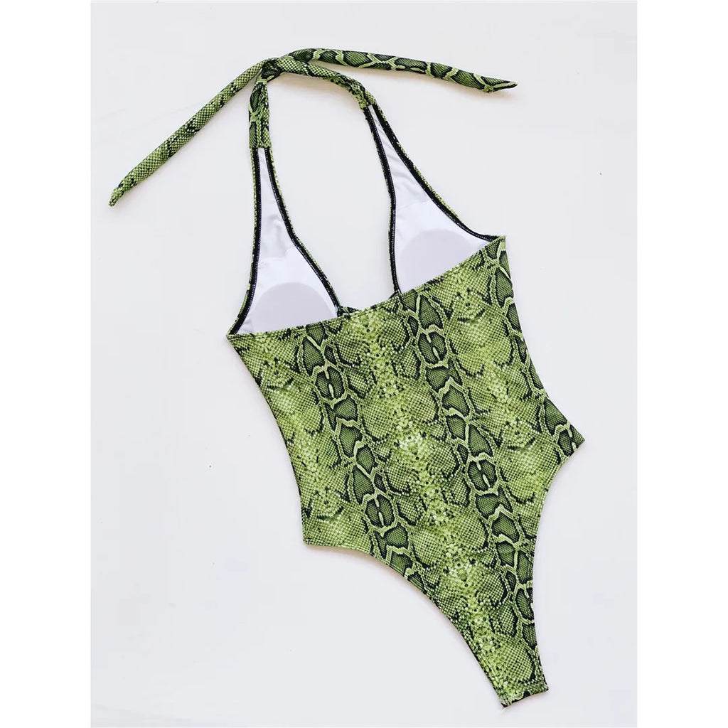 New Sexy Snake Skin Halter Monokini Women Swimwear One Piece Swimsuit Female Tummy Cut Out Bather Bathing Suit Swim Lady V3056