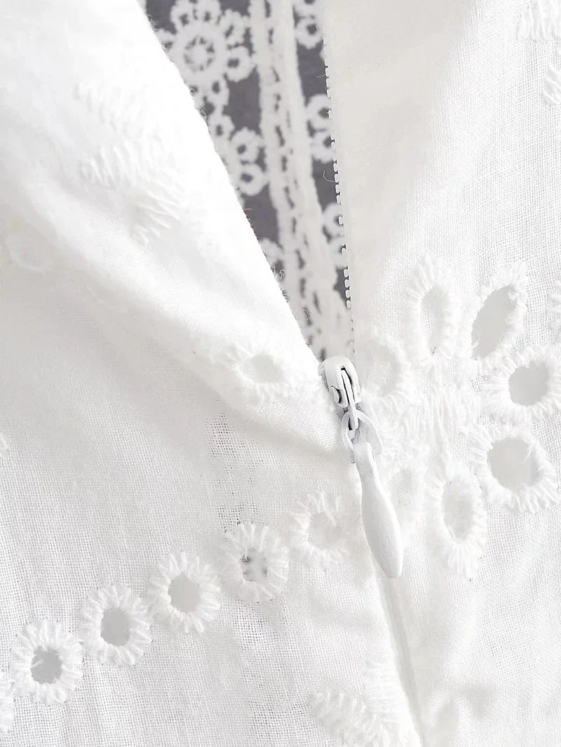 Foridol Waist Hollow Out V Neck Backless White Lace Party Dress Christmas Vestido Robe Ruffled Cotton Long Sleeve Autumn Dress