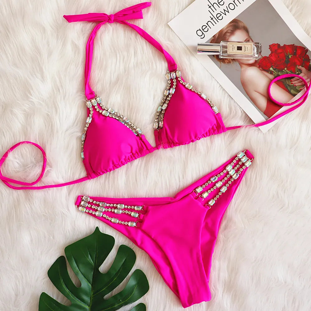 Sexy Rhinestone Bikini Set 2025 Shinny Hot Pink Push Up Thong Swimsuit Brazilian Diamond Metal Chain Beach Bathing Suit Swimwear
