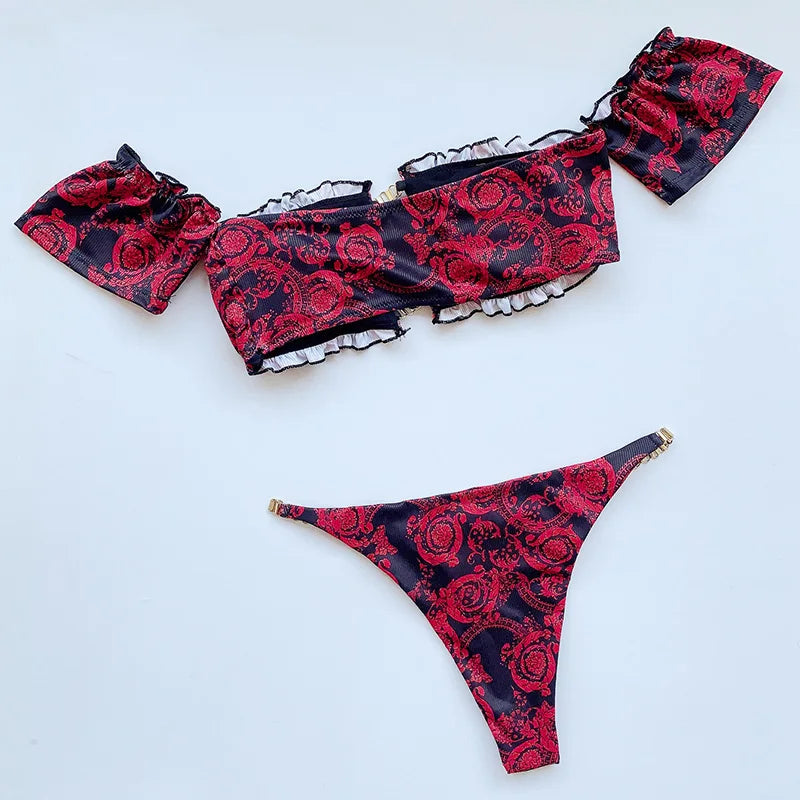 Cherry Print Off Shoulder Bikini 2025 High Cut Swimsuit Women Female Brazilian Swimwear Two pieces Bikini set Bathing Suit Swim