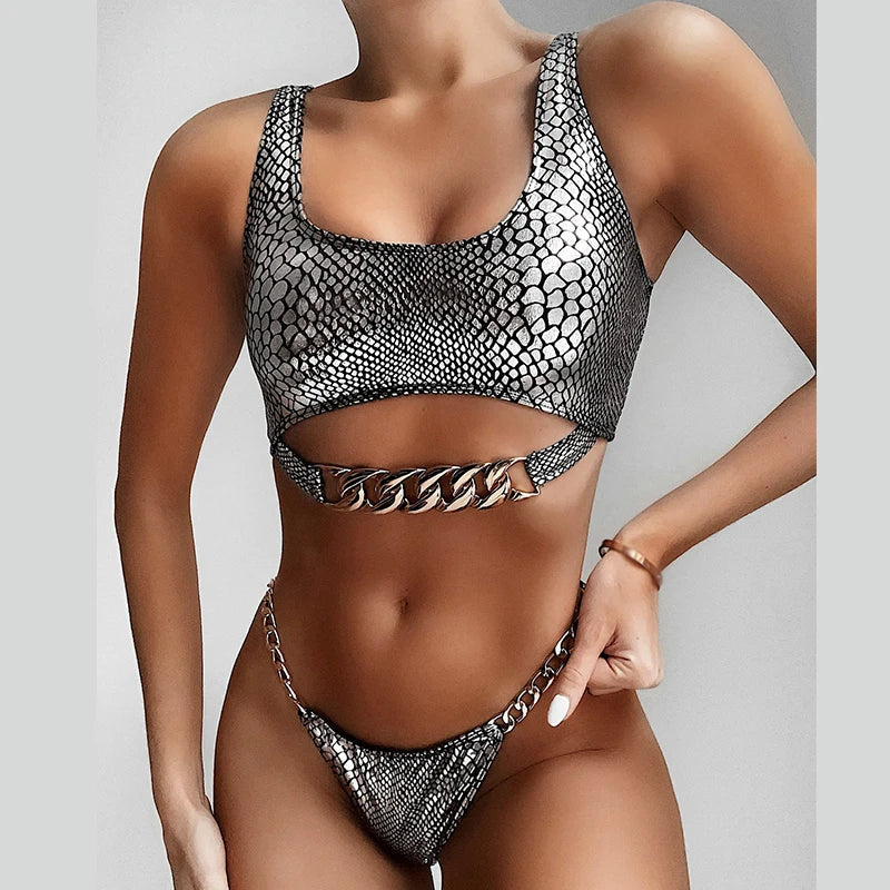 High Cut Metal Chains Bikini Women Swimsuit Female Swimwear Two Pieces Bikini Set Snake Skin Bather Bathing Suit Swim Beach Wear