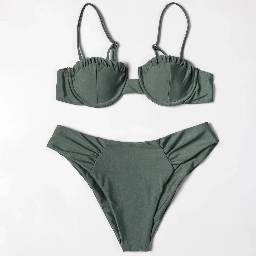 ZTVitality Solid Swimwear Women 2025 Newest Push Up Sexy Bikini Padded Bra Underwire Mid Waist Folds Swimsuit Brazilian Biquini