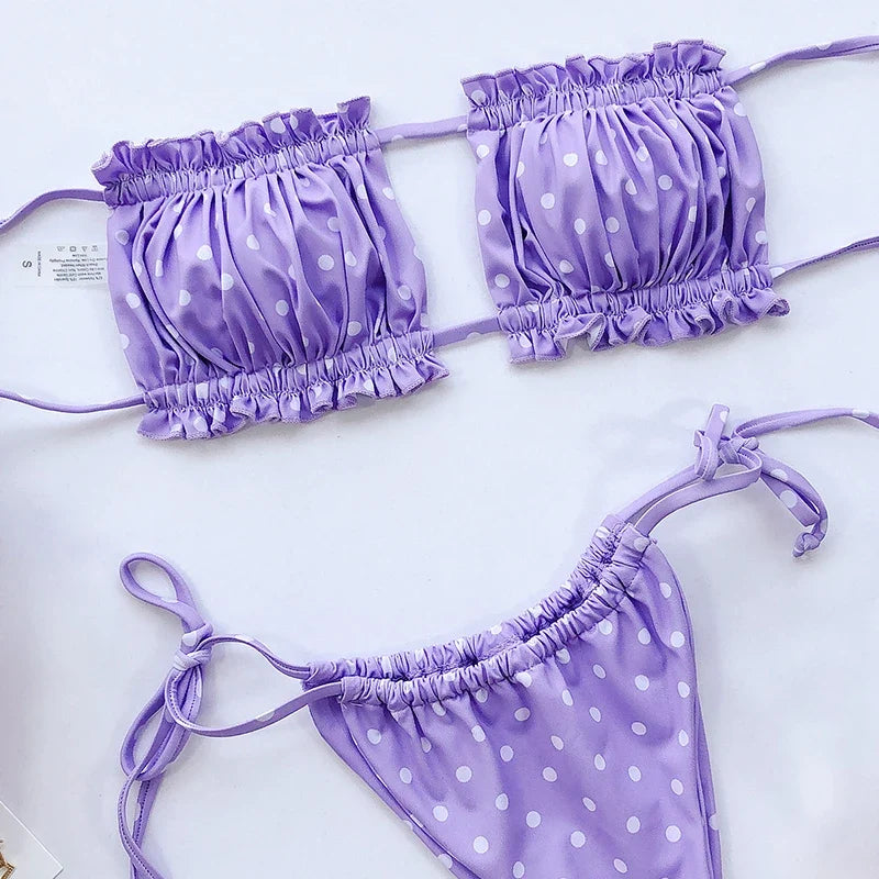 Tie Dye Pleated Ruffled Bikinis Bandeau Bikini Women Swimsuit Female Swimwear Two-pieces Bikini Set Hollow Out Bathing Suit Swim