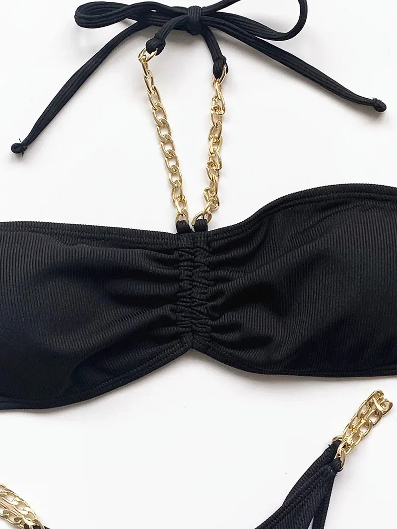 New Halter Ribbed Brazilian Bikini Female Swimsuit Women Swimwear Two pieces Bikini set Metal Chains Bather Bathing Suit Swim