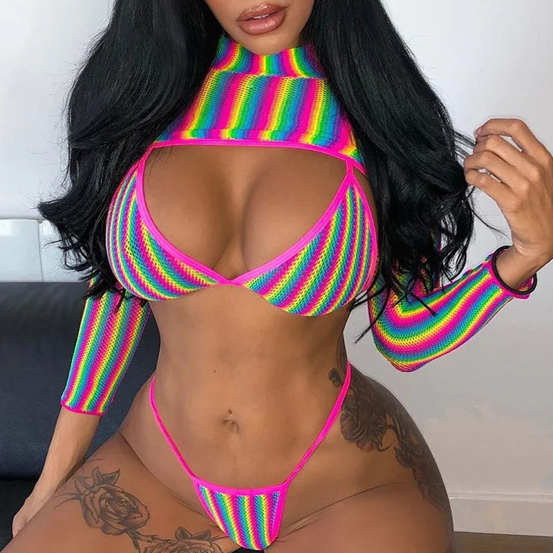 2025 Sexy Long Sleeve Striped Bikini Women Brazilian Swimwear Female Swimsuit 3 Pieces Bikini Set Halter Micro Bathing Suit Swim