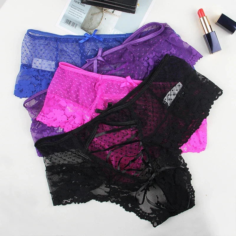 Pink High Waist Lace Strappy Panty for Women Sexy See Through Mesh Thong Underwear Plus Size Breathable