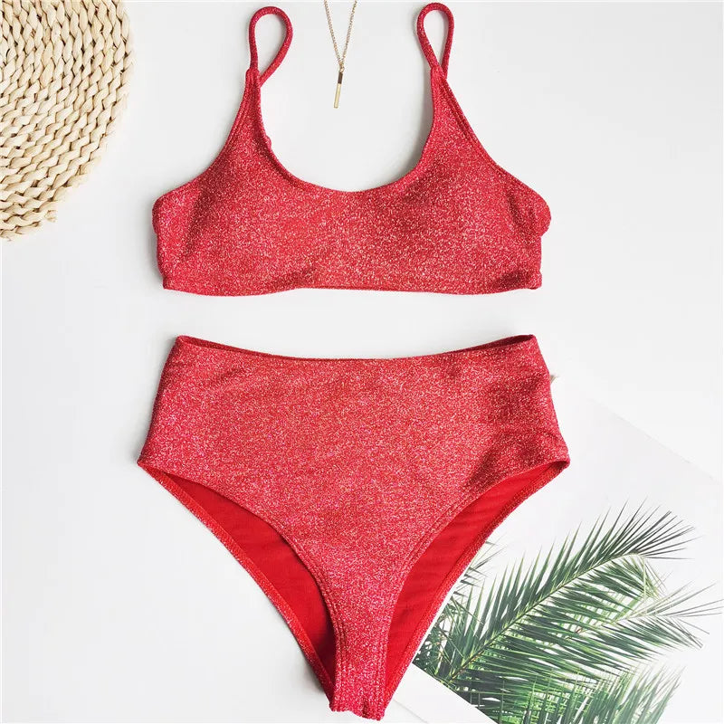 2025 Glitter Sparkling Female Swimsuit High Waist Bikini Women Swimwear Two Pieces Bikini Set Wrinkled Bandeau Bathing Suit Swim