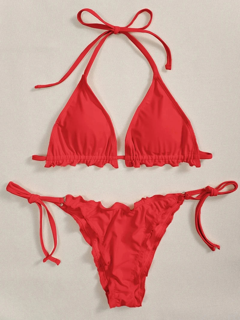 Halter String Ruffled Frilled Bikini 2026 Women Swimsuit Female Swimwear Two Pieces Bikini Set Padded Bather Bathing Suit Swim