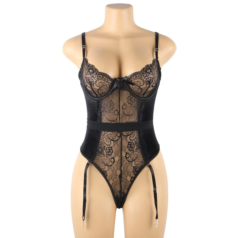 Black Mesh Chain Suspender Bodysuit for Women Sheer Teddy Lingerie Underwire Open Crotch Adjustable Straps with Garter Belt Neck