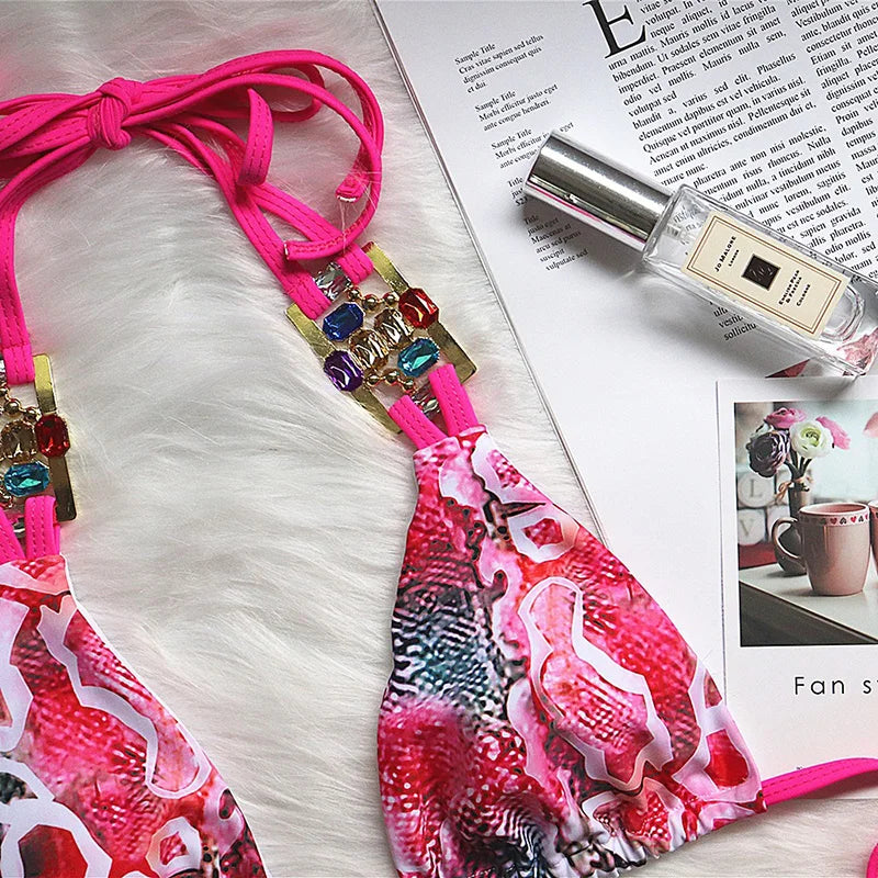 2025 Snake Print Halter Crystal Diamond Bikini Women Swimsuit Female Swimwear Two pieces Bikini set Bather Bathing Suit Swim